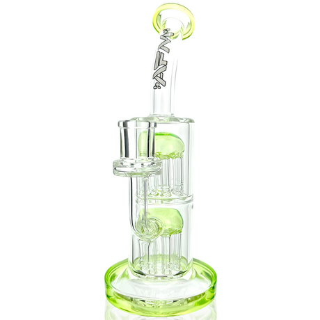 9" AFM Double Arm Perc Mini Rig with Green Accents and Bent Neck - Front View