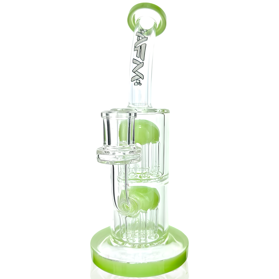 AFM 9" Double Arm Perc Mini Rig with Bent Neck and Showerhead Perc, Front View on White Background