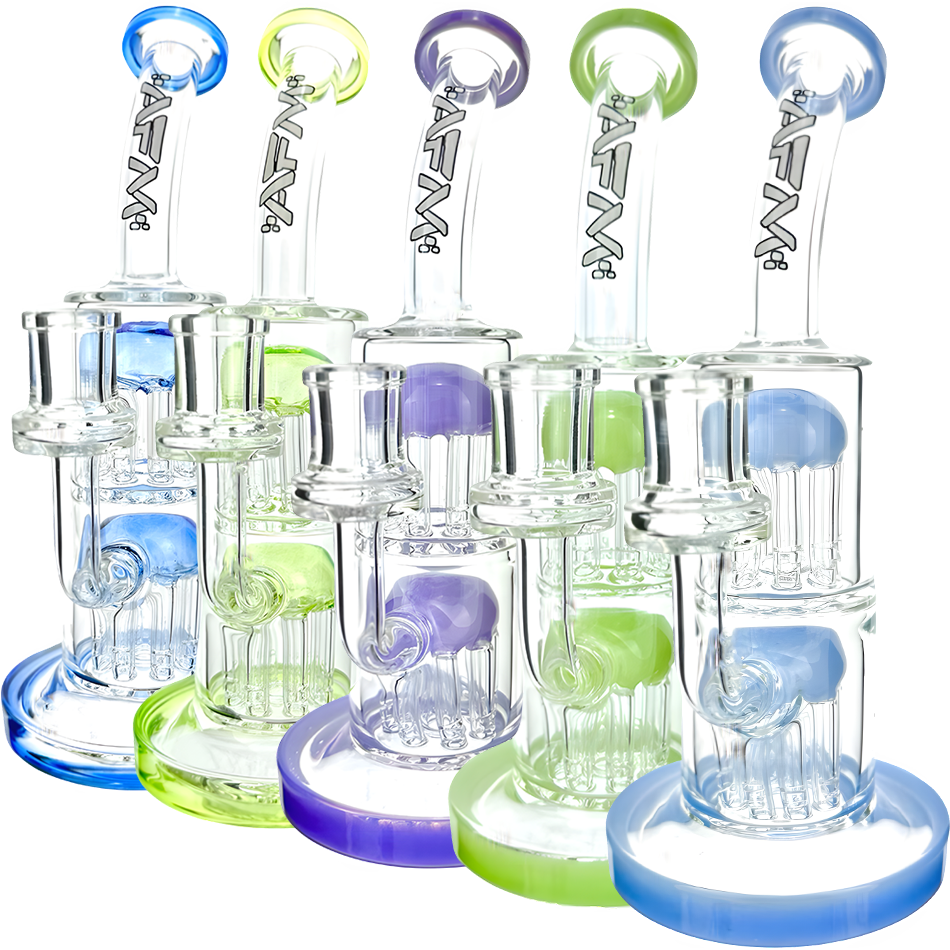 AFM 9" Double Arm Perc Mini Rigs in various colors with bent necks and showerhead percs, front view