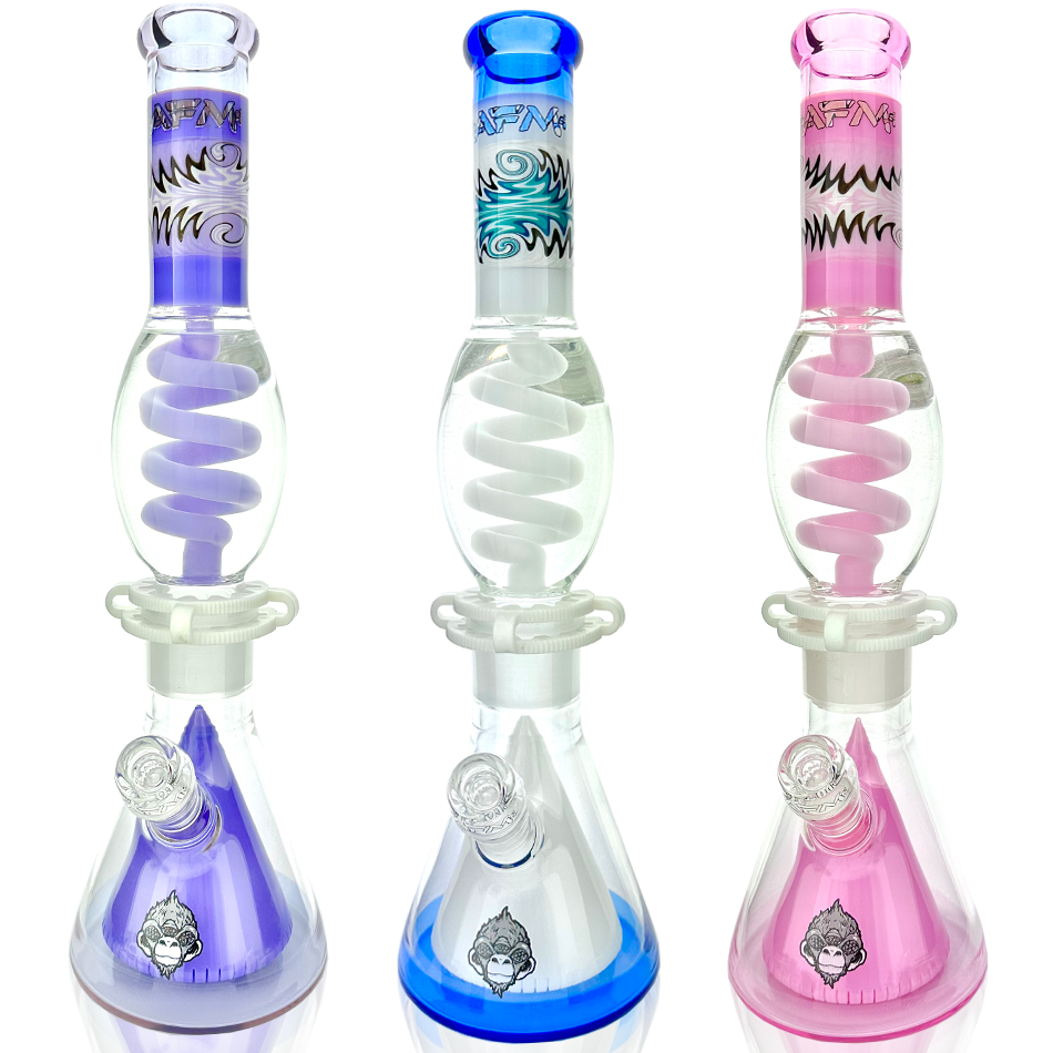 AFM Glass 16" Reversal UFO Pyramid Freezable Coil Beaker Bongs in Blue, Green, Pink