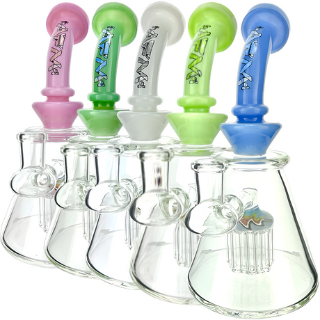 AFM Glass Dab Rigs with 8 Arm Percs in a row, showcasing color variants and bent neck design