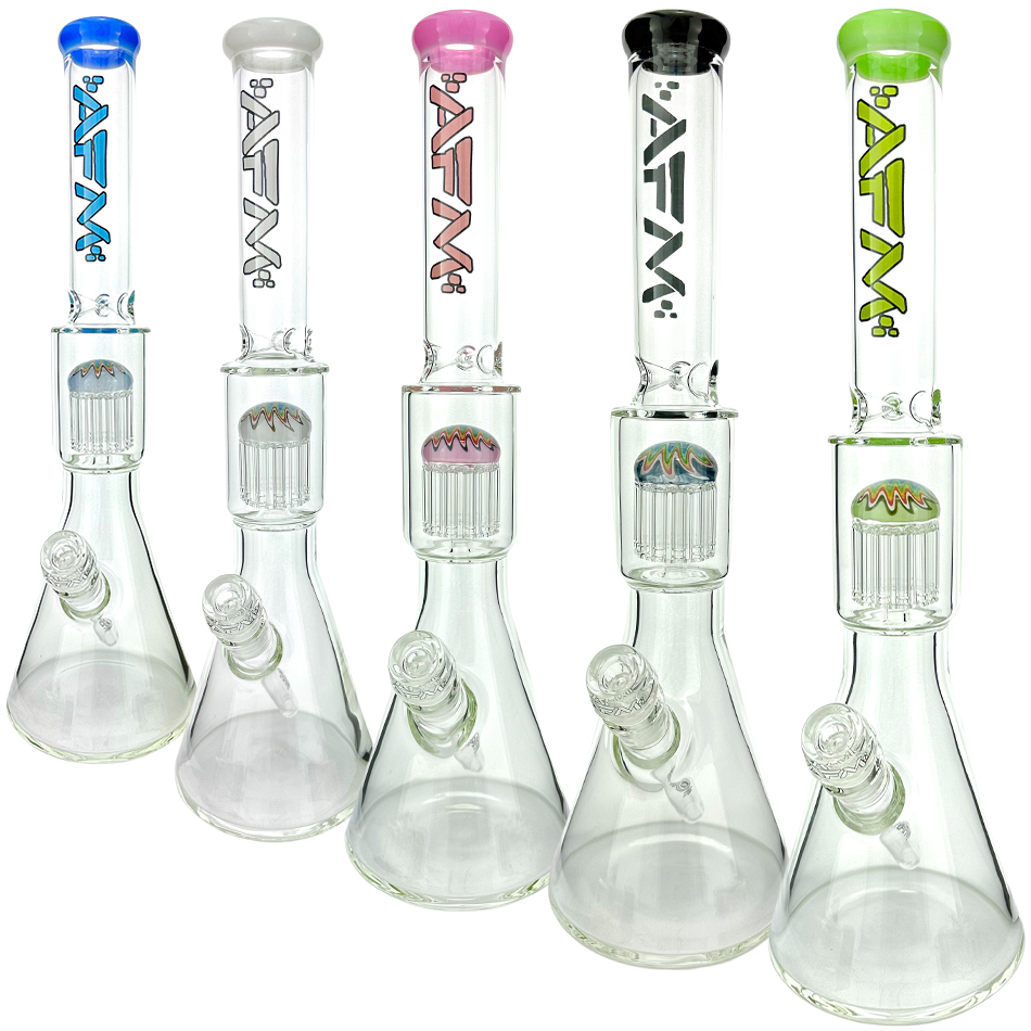 Assorted 18" AFM Glass Beaker Bongs with Color Lip and Showerhead Perc, Front View