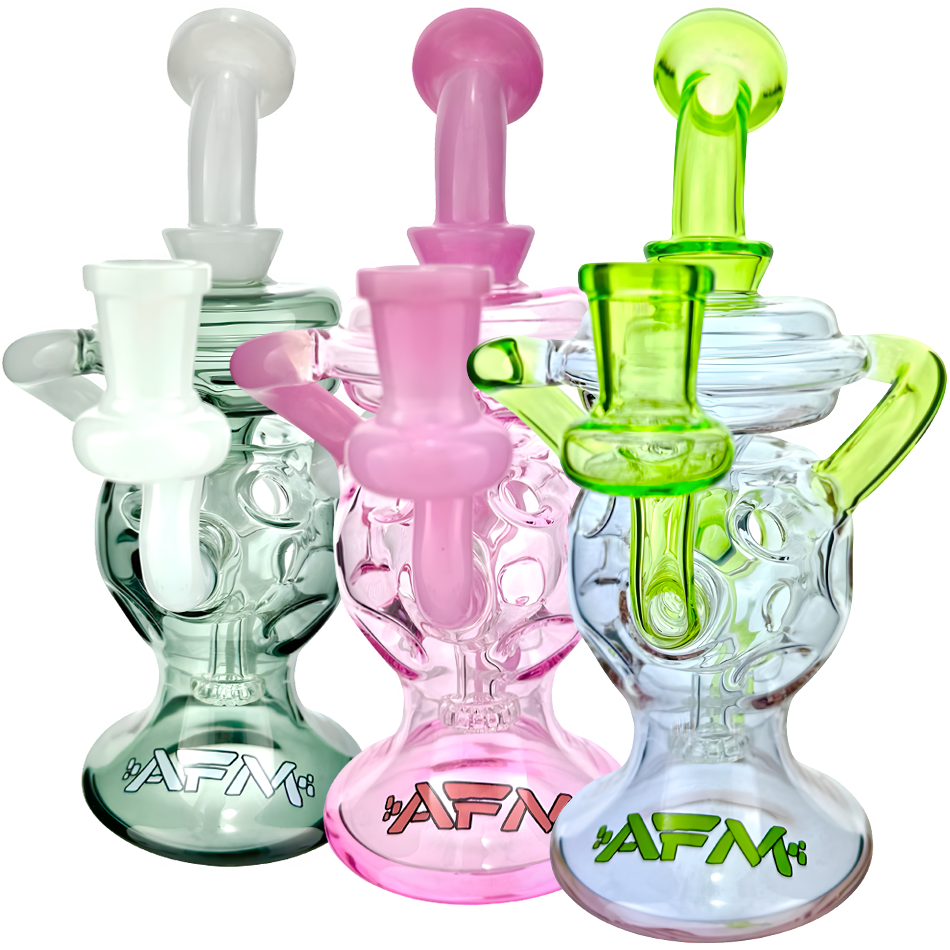 AFM Swiss Double Color Glass Recycler Dab Rigs in Pink, Green, Clear - 7.5" with Showerhead Perc