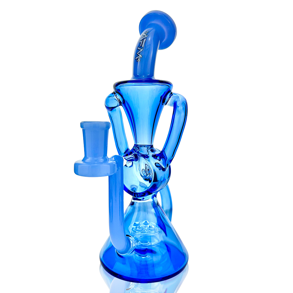 AFM Virgo Glass Recycler Dab Rig in vibrant blue with showerhead perc, 8.5" tall, front view on white background