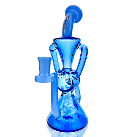 AFM Virgo Glass Recycler Dab Rig in vibrant blue with showerhead perc, 8.5" tall, front view on white background