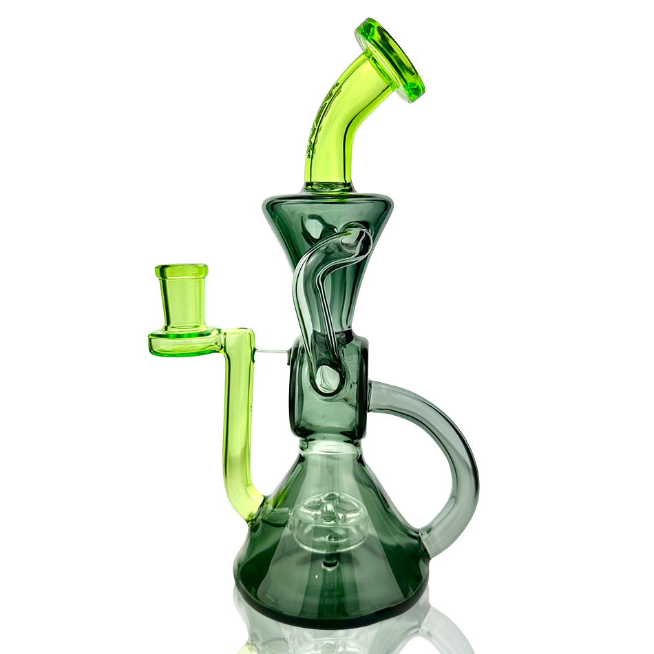 AFM Virgo Glass Recycler Dab Rig, 8.5" with Showerhead Perc and Colored Accents, Front View