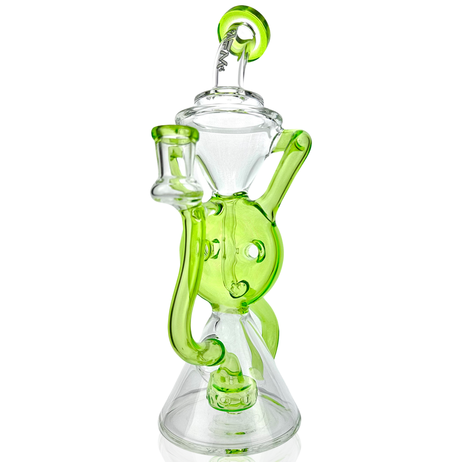 AFM Glass 10" Swiss Cheese Recycler Dab Rig in Lime, Front View with Showerhead Perc