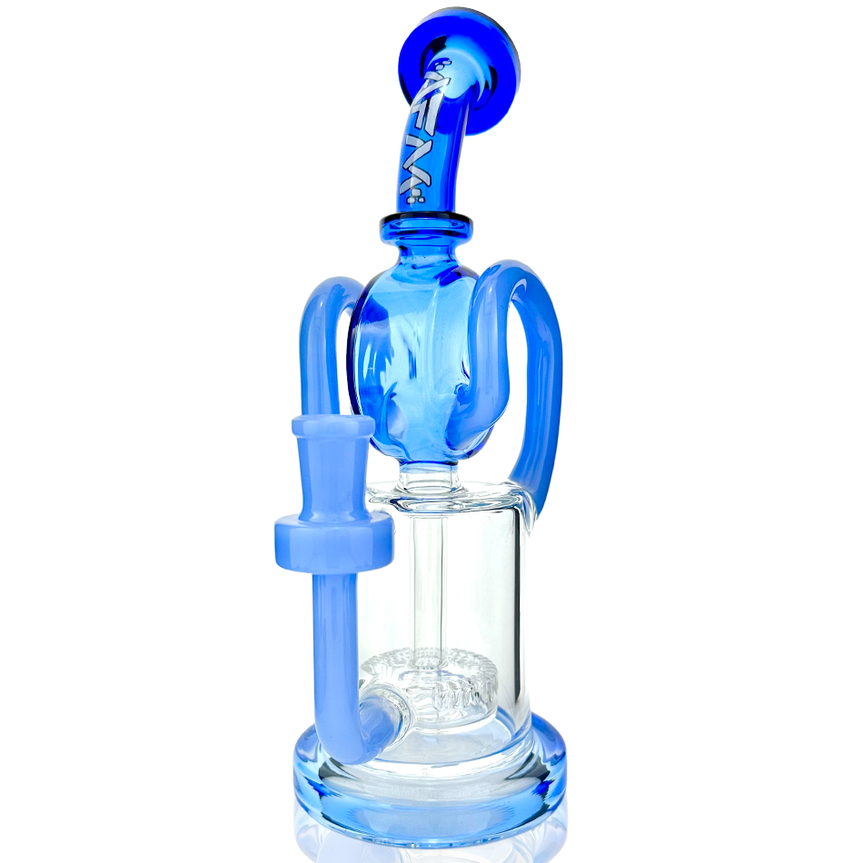 AFM Andromeda Recycler Dab Rig in blue with Quartz Banger & Carb Cap, front view on white background