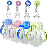 Assortment of 9" AFM Double Pump Recycler Dab Rigs in various colors with clear glass bodies