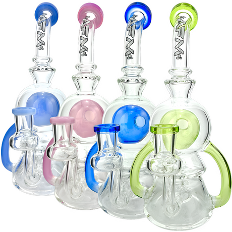 Assortment of 9" AFM Double Pump Recycler Dab Rigs in various colors with clear glass bodies