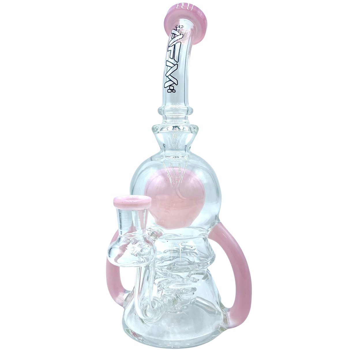 9" AFM Double Pump Recycler Dab Rig with Quartz Banger & Carb Cap, Front View on White