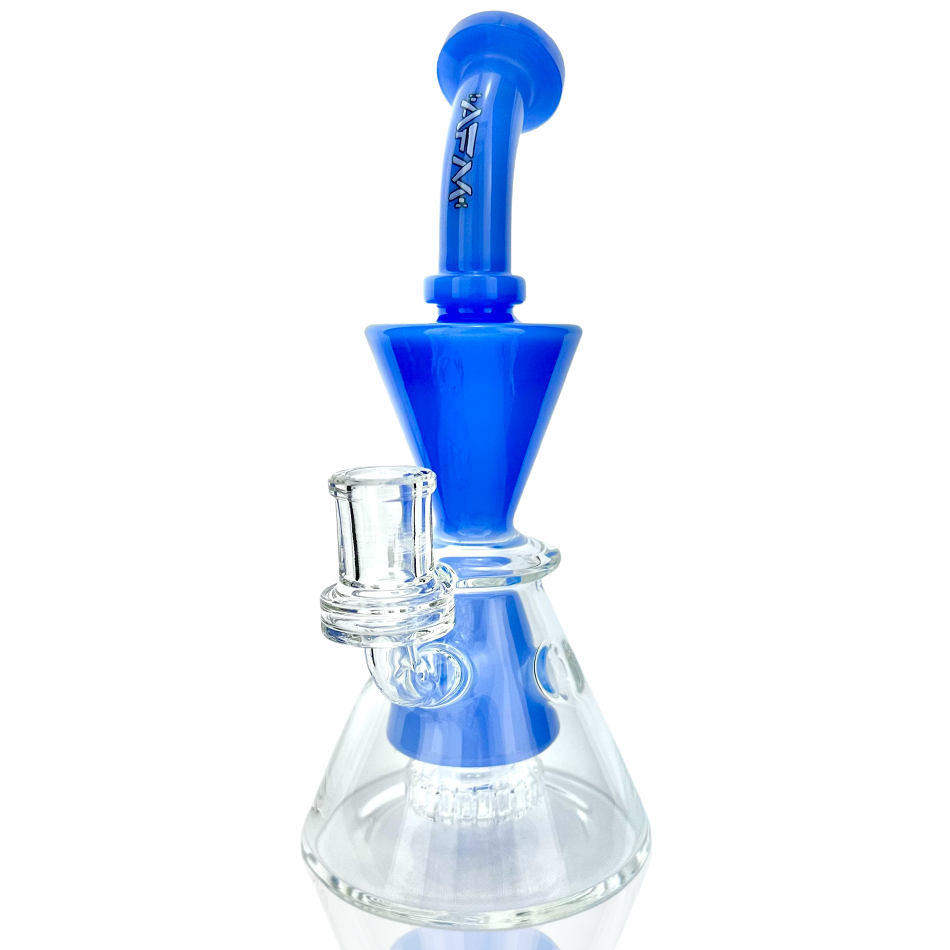 9" AFM Swiss Cheese Glass Dab Rig with Showerhead Perc and Blue Accents - Front View