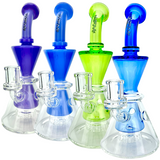 AFM Swiss Cheese Glass Dab Rigs in blue, green, and purple with Showerhead Perc, front view