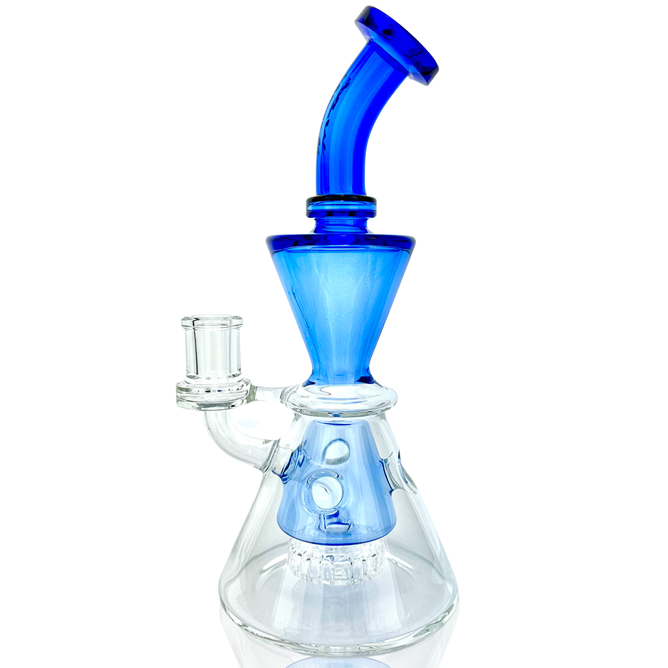 9" AFM Swiss Cheese Glass Dab Rig with blue accents and showerhead perc, front view on white