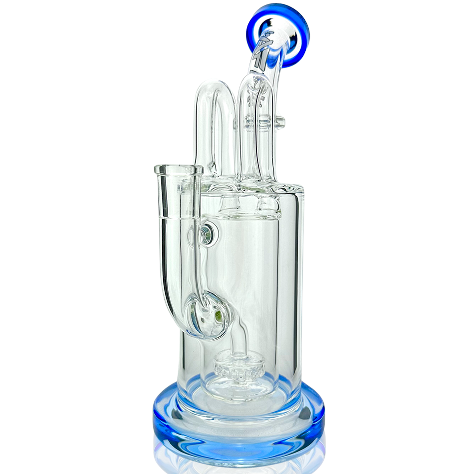 9.5" AFM Milky Way Pump Recycler Dab Rig with Showerhead Perc and Blue Accents - Front View