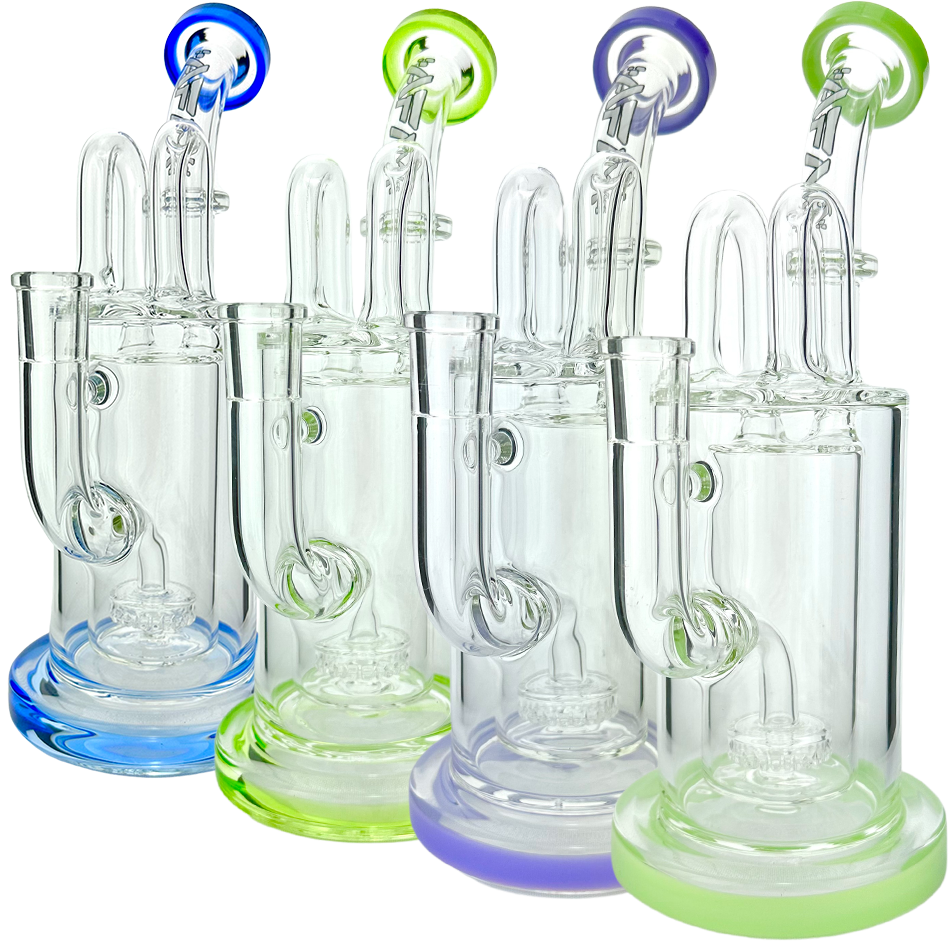 AFM Milky Way Pump Recycler Dab Rigs in a row with colored accents and showerhead percs