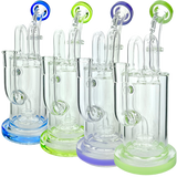 AFM Milky Way Pump Recycler Dab Rigs in a row with colored accents and showerhead percs