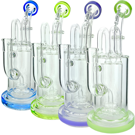 AFM Milky Way Pump Recycler Dab Rigs in a row with colored accents and showerhead percs