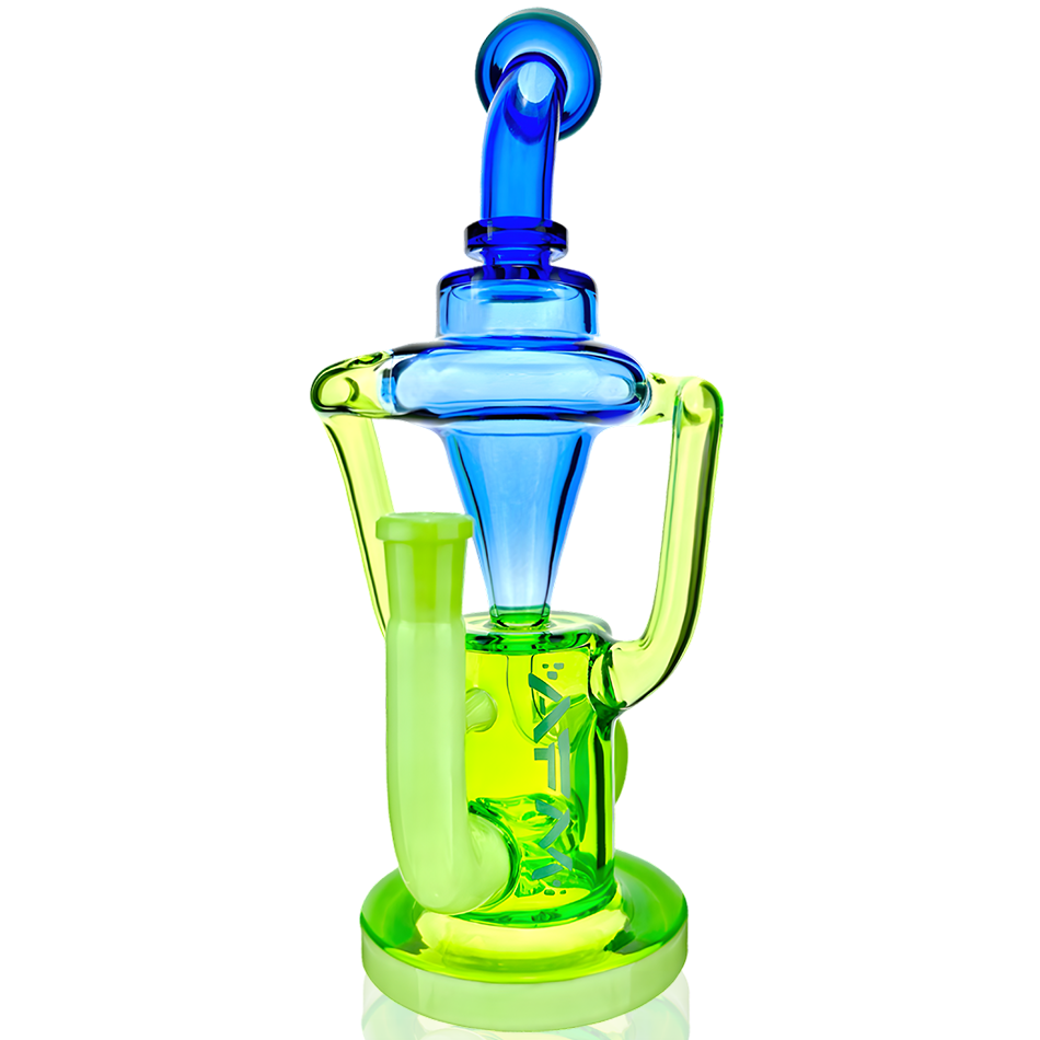 AFM Glass 10" Palermo Double Recycler Dab Rig in Ink Blue/Lime, with Showerhead Perc, Front View