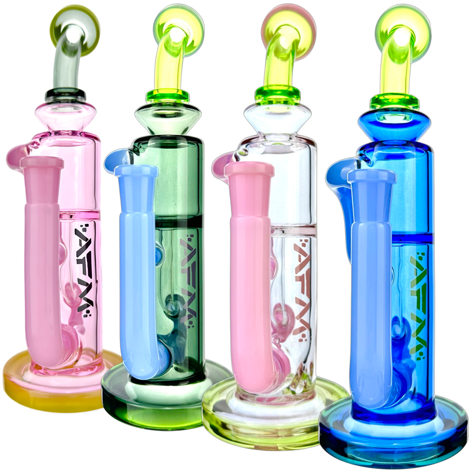 AFM Glass Bilbao Colored Recycler Dab Rigs in Pink, Green, Clear, and Blue - Front View