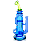 10" AFM Glass Bilbao Recycler Dab Rig with vibrant blue colored glass, front view on white background