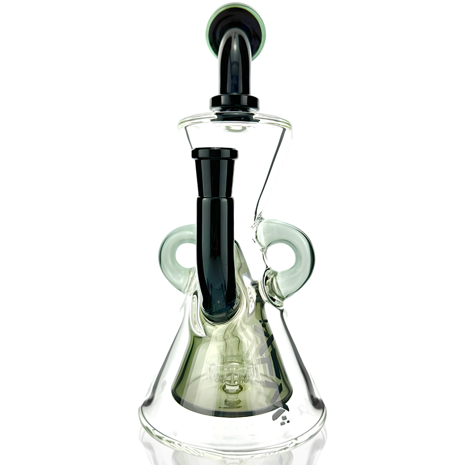 10" AFM Glass Hour Glass Black Recycler Dab Rig with Showerhead Perc, Bent Neck, and Color Accents