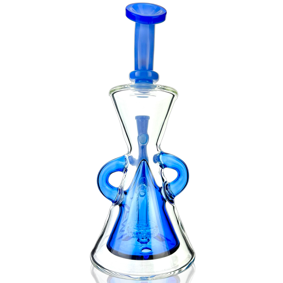 AFM Glass 10" Hour Glass Blue Recycler Dab Rig with Showerhead Perc, front view on white background