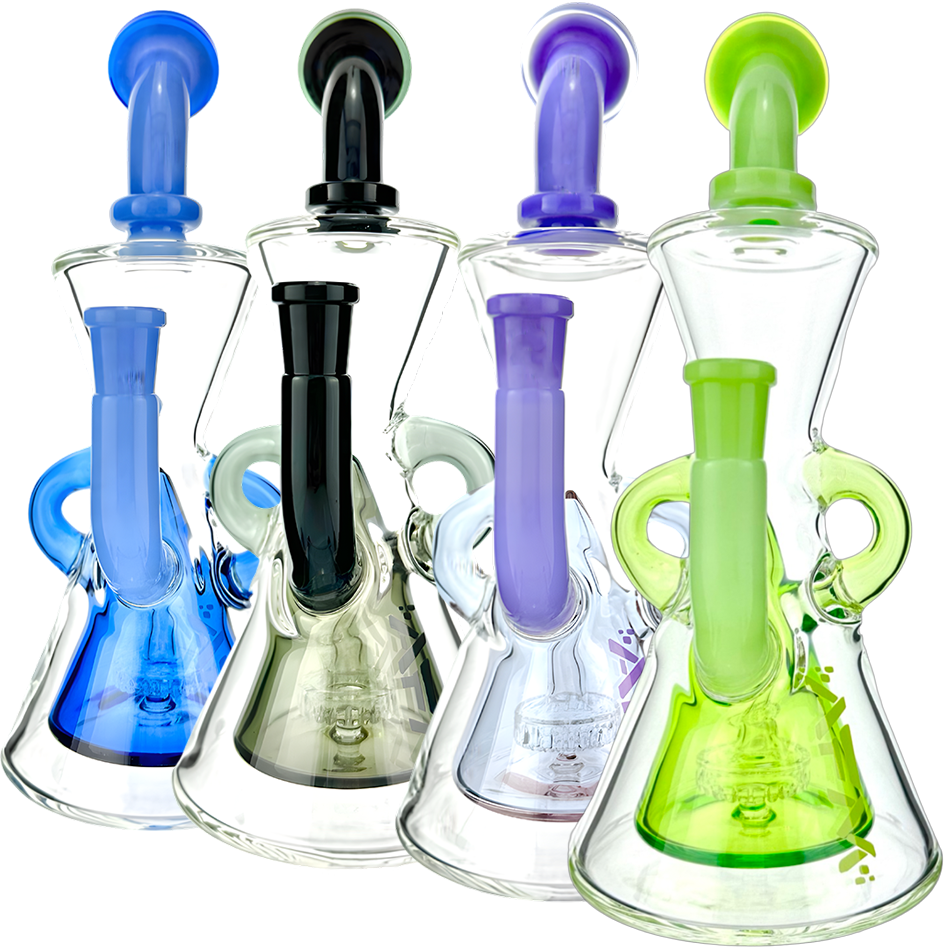 AFM Glass Hour Glass Recycler Dab Rigs in blue, black, purple, and green with showerhead percs