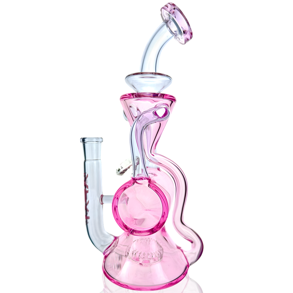 10" AFM Glass Barrel Blaster Dab Rig with Bent Neck and Showerhead Perc, Pink Colored Glass, Front View