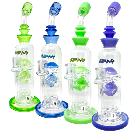 AFM Glass Big Swiss Perc Straight Dab Rigs in various colors with bent neck and showerhead perc