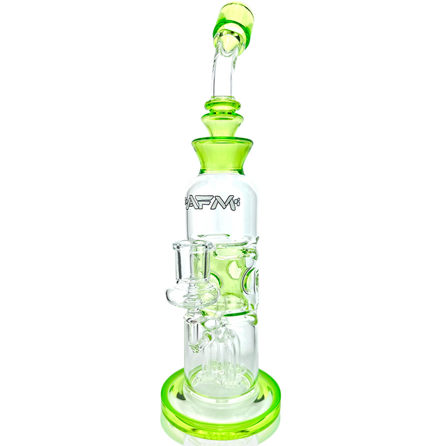 12" AFM Glass Aurora Quad Showerhead Dab Rig in Lime - Front View with Bent Neck