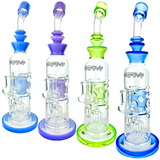 AFM Glass 12" Aurora Quad Showerhead Dab Rigs in various colors with bent neck and clear borosilicate glass