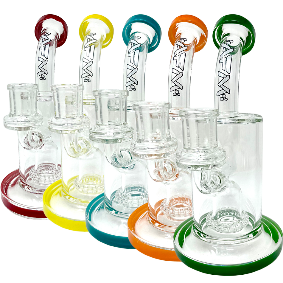 Assortment of 8" AFM Wave UFO Perc Glass Dab Rigs with Bent Neck and Color Accents