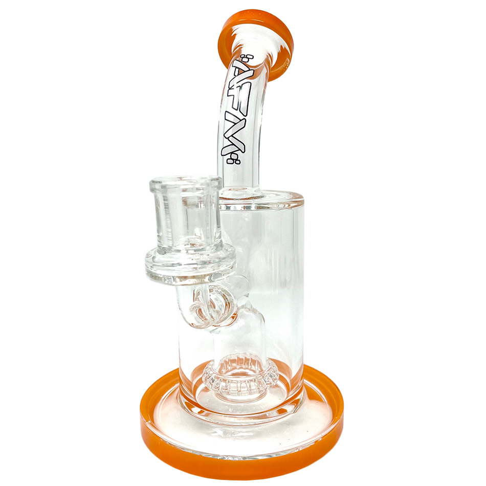 8" AFM Wave UFO Perc Glass Dab Rig with Bent Neck and Orange Accents - Front View