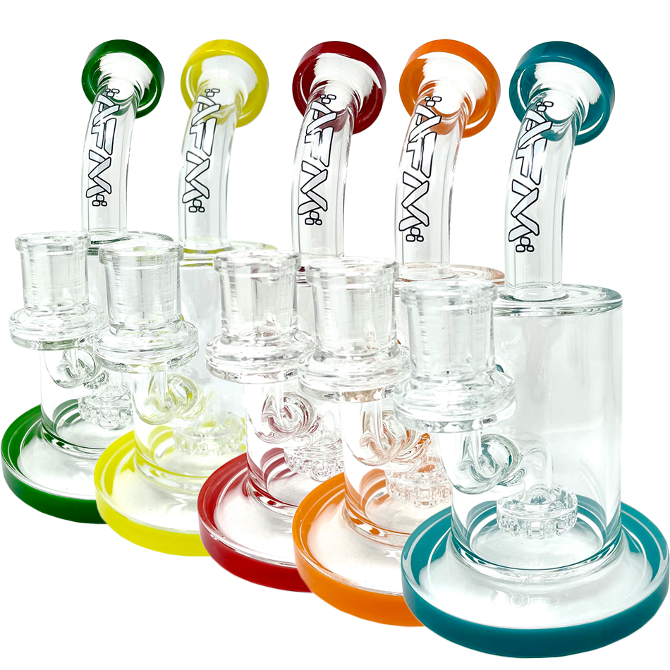 AFM 7.5" Mayflower Shower Head Dab Rigs in various colors with bent necks and clear glass