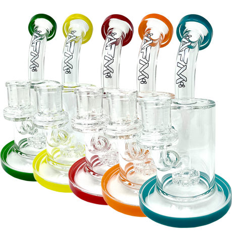 AFM 7.5" Mayflower Shower Head Dab Rigs in various colors with bent necks and clear glass