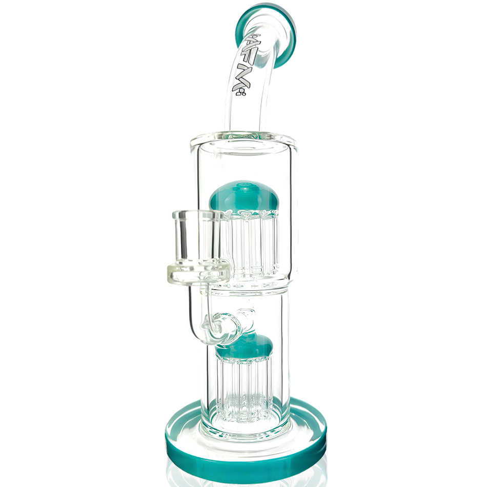 12" AFM Glass Double Arm Tree Perc Rig in Turquoise with Showerhead Perc, Bent Neck, Front View