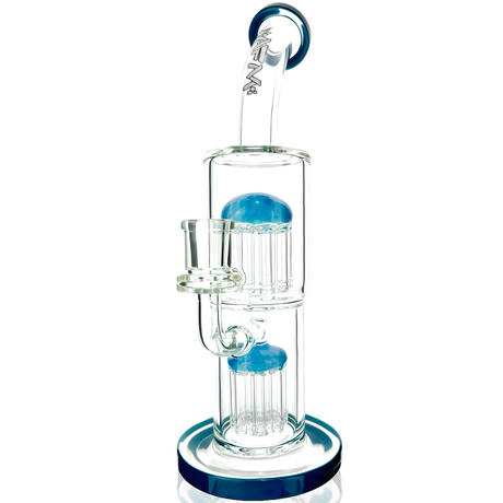 12" AFM Glass Double Arm Tree Perc Rig with Dark Blue Accents, Bent Neck & Showerhead Perc