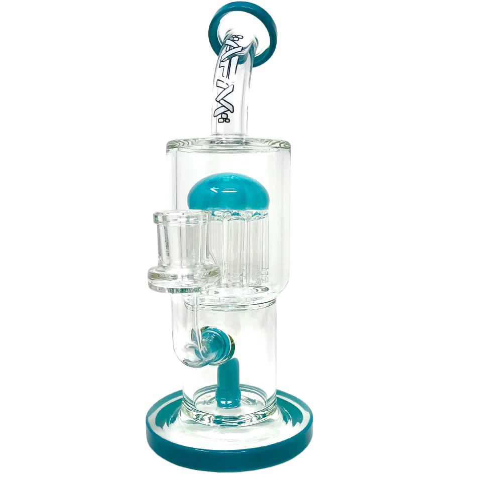 9" AFM Groovy Tree Arm Perc Dab Rig with blue accents and clear borosilicate glass, front view