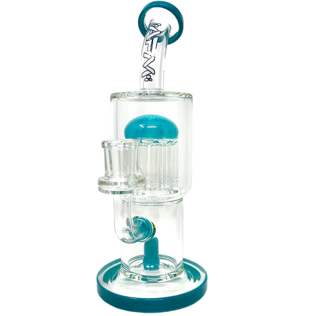 9" AFM Groovy Tree Arm Perc Dab Rig with blue accents and clear borosilicate glass, front view