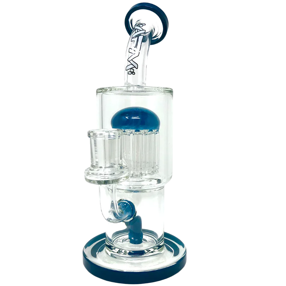 9" AFM Groovy Tree Arm Perc Dab Rig with blue accents and bent neck design, front view