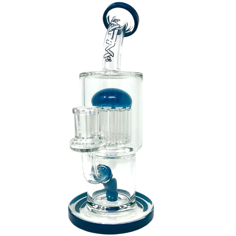 9" AFM Groovy Tree Arm Perc Dab Rig with blue accents and bent neck design, front view