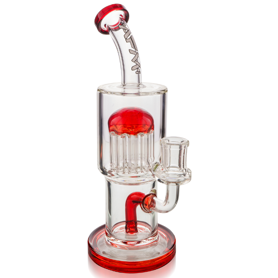 9" AFM Groovy Tree Arm Perc Dab Rig with Bent Neck and Red Accents - Front View