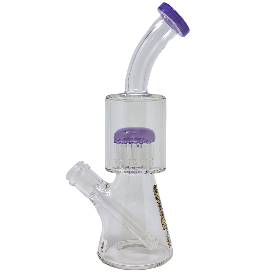 AFM Glass 10" Clear Beaker Bong with Purple Arm Perc and Bent Neck - Front View