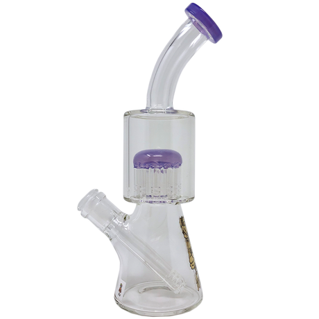 AFM Glass 10" Clear Beaker Bong with Purple Arm Perc and Bent Neck - Front View