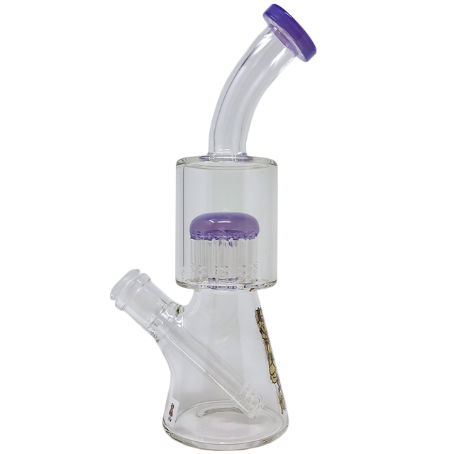 AFM Glass 10" Clear Beaker Bong with Purple Arm Perc and Bent Neck - Front View