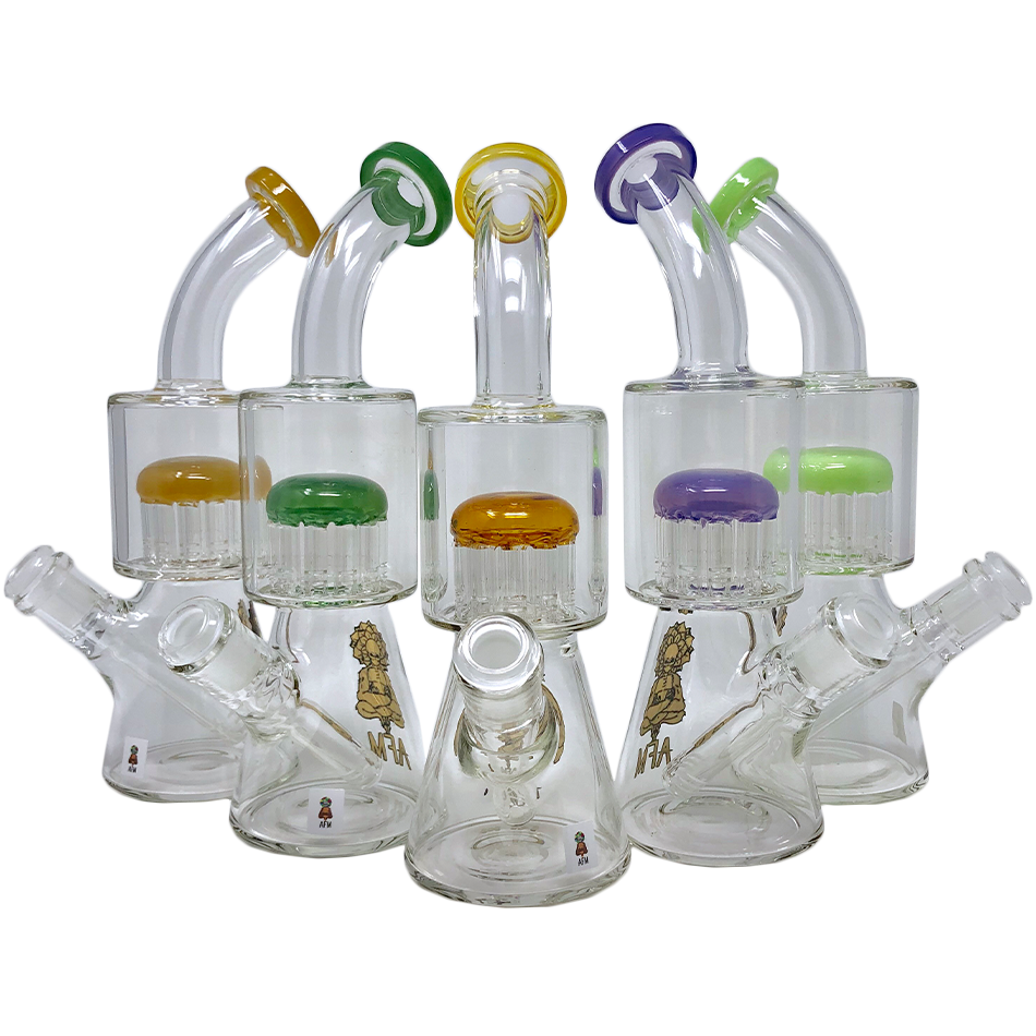 AFM Glass 10" Arm Perc Beaker Bongs with Colored Accents and Bent Necks, Front View