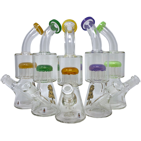 AFM Glass 10" Arm Perc Beaker Bongs with Colored Accents and Bent Necks, Front View