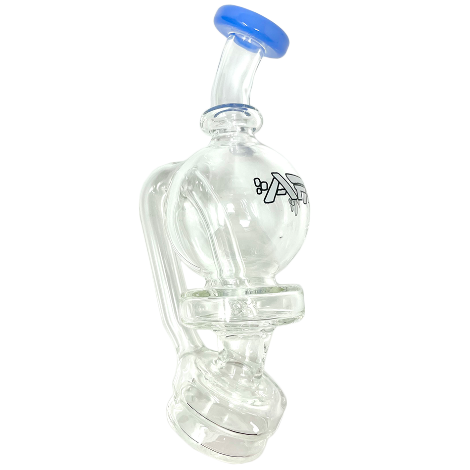 6" AFM Puffco Peak Ball Attachment with blue accent, clear borosilicate glass, side view