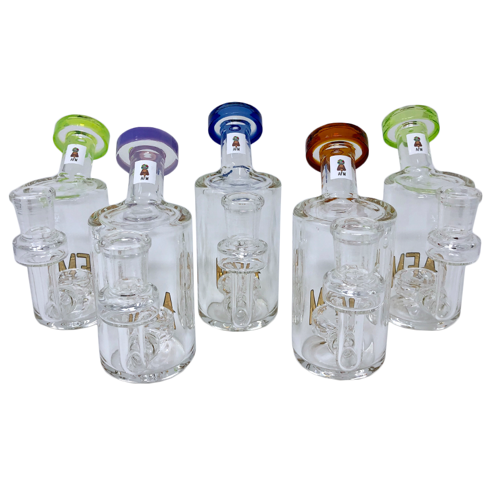 AFM Tiny Can Glass Mini Dab Rigs in various colors with Showerhead Perc, front view on white background